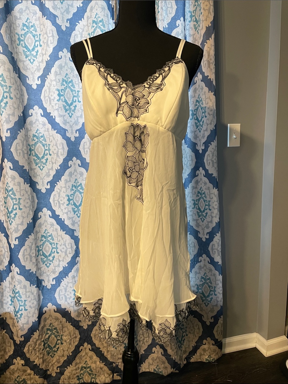 Soma Ivory Chiffon Chemise with Black Floral Lace Trim